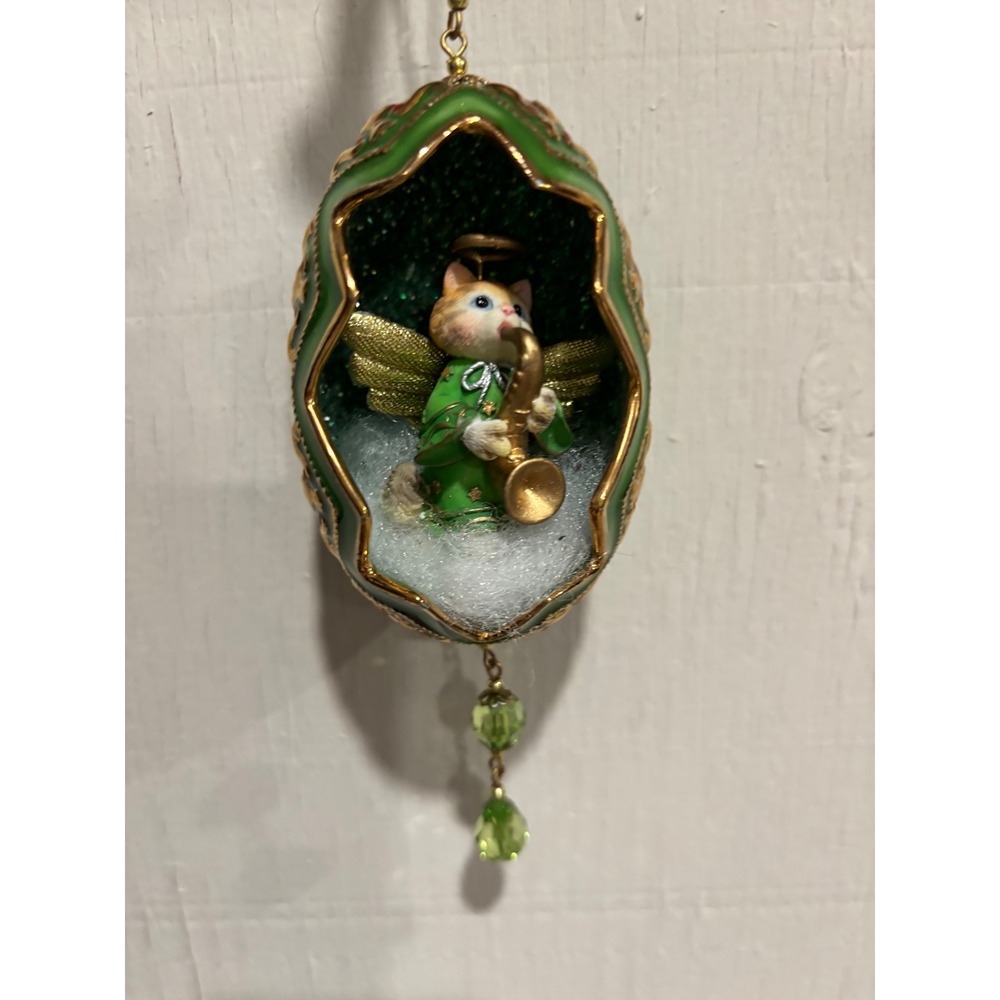 2001 Bradford Editions Heirloom Porcelain Cat Angel Saxophone Egg Ornament 38605